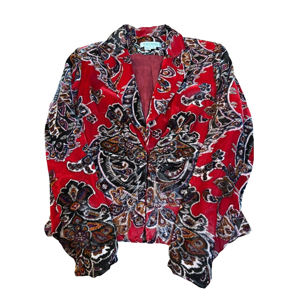 vtg Kay Unger New York red paisley velvet blazer jacket womens size 6 hook & eye